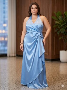 VTG Y2K Belsoie Jasmine Bridal Periwinkle Blue Satin Halter Maxi Gown Size 22